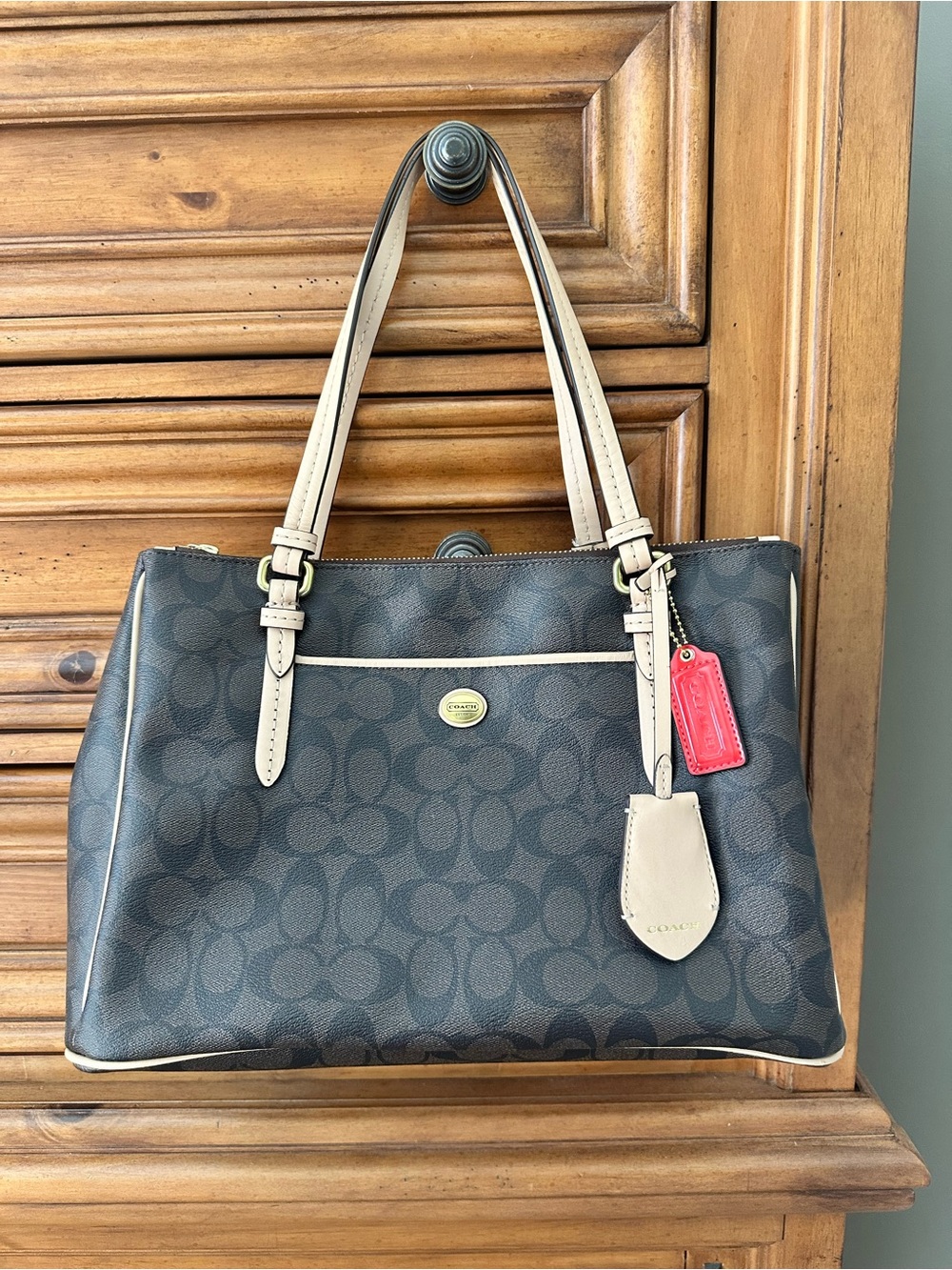 Coach Brown Signature Shoulder Tote with Cream Trim